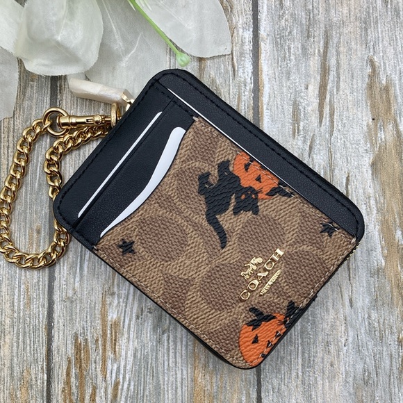 Zip Card Case In Signature Canvas With Halloween Print Wallet Bag Purse - Picture 1 of 10